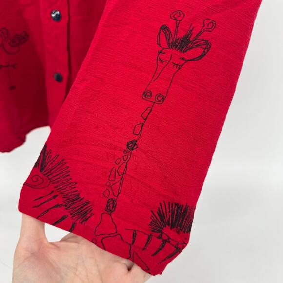 Chico's Blouse Womens XL Red Silk Button Up Roll Tab Sleeve Safari Theme Artsy - Picture 6 of 10